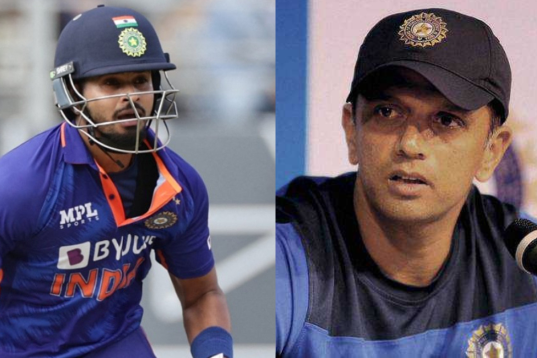 KL Rahul Ruled Out, Rahul Dravid Opens up on Shreyas Iyer's Selection in Asia Cup. Shreyas Iyer and Dravid are in the image.