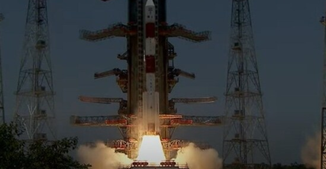 Aditya-L1 spacecraft majestically soaring into space aboard PSLV-C57.1 during its historic launch by ISRO.